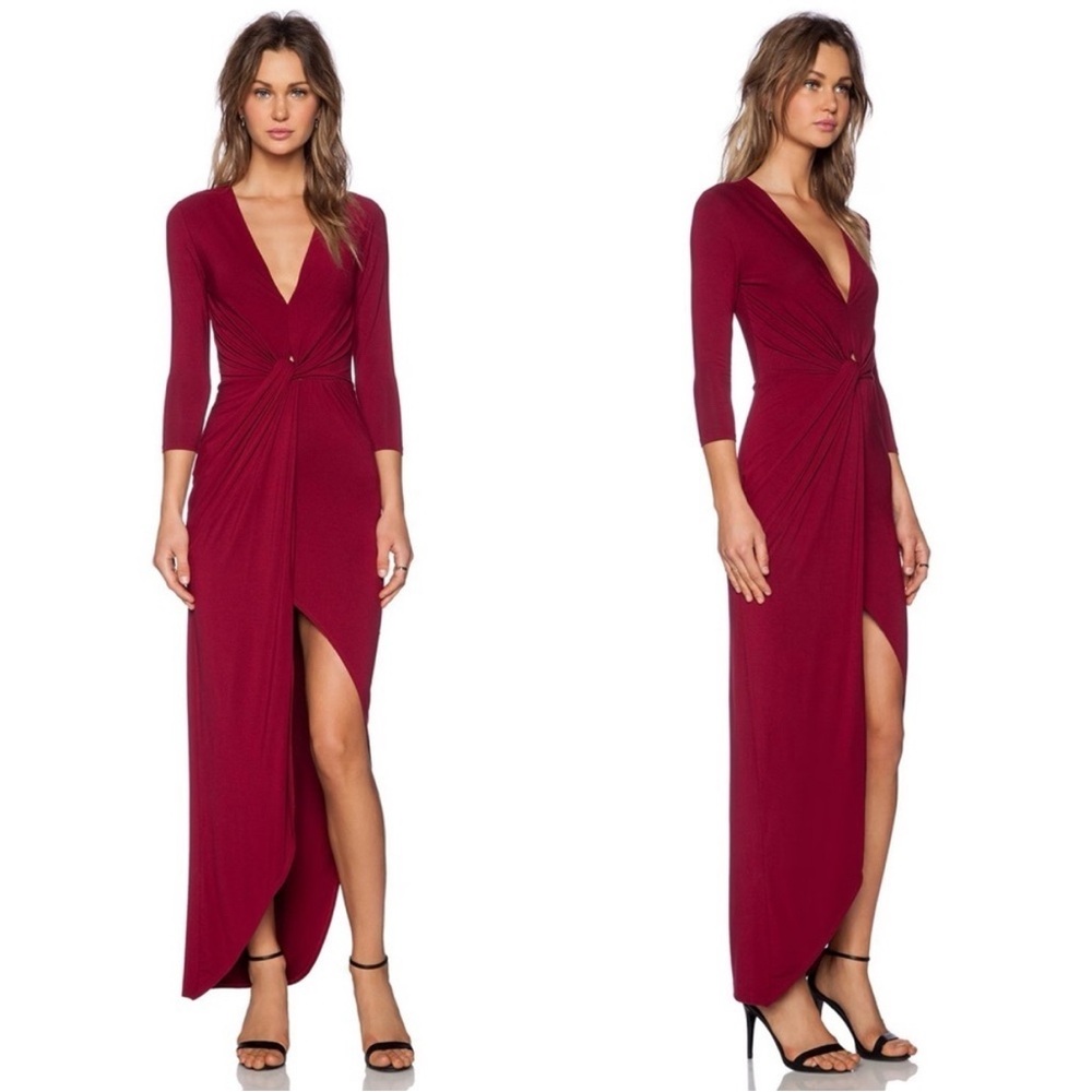 Lovers + Friends Wine Red Ruched Wrap Maxi Dress